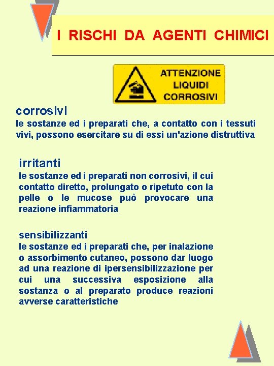 I RISCHI DA AGENTI CHIMICI corrosivi le sostanze ed i preparati che, a contatto