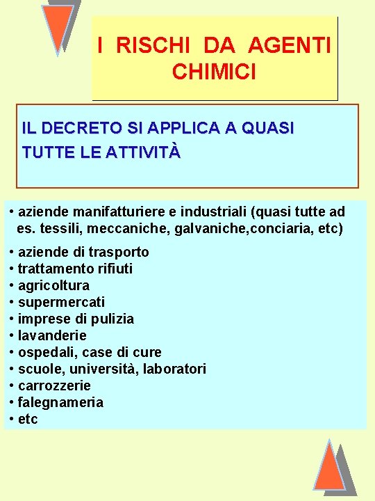 I RISCHI DA AGENTI CHIMICI IL DECRETO SI APPLICA A QUASI TUTTE LE ATTIVITÀ