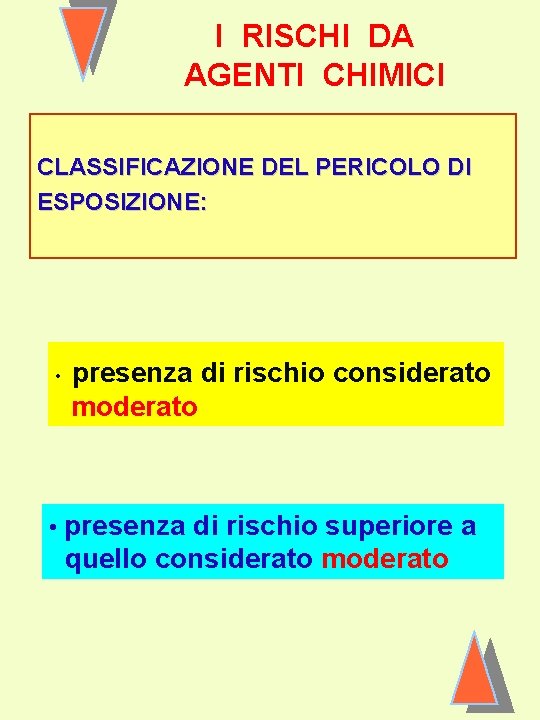 I RISCHI DA AGENTI CHIMICI CLASSIFICAZIONE DEL PERICOLO DI ESPOSIZIONE: • presenza di rischio