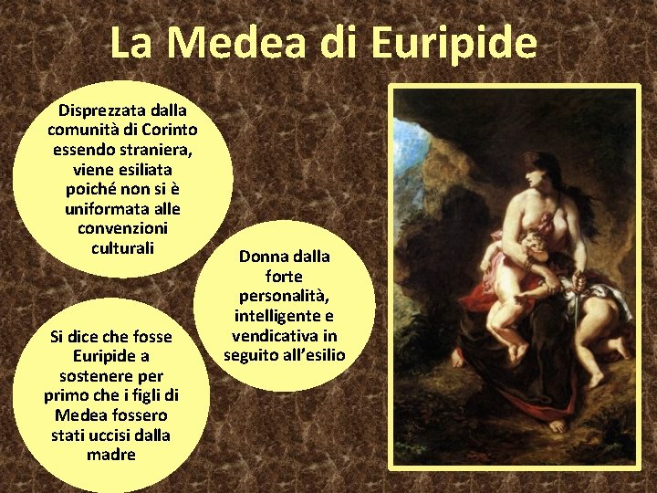 La Medea di Euripide Disprezzata dalla comunità di Corinto essendo straniera, viene esiliata poiché