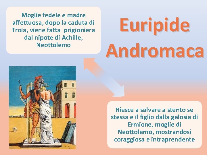 Moglie fedele e madre affettuosa, dopo la caduta di Troia, viene fatta prigioniera dal