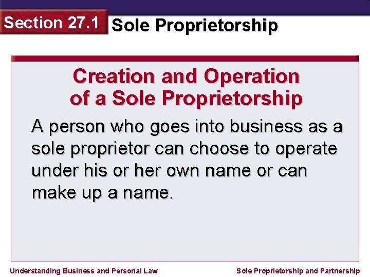 Section 27. 1 Sole Proprietorship Creation and Operation of a Sole Proprietorship A person