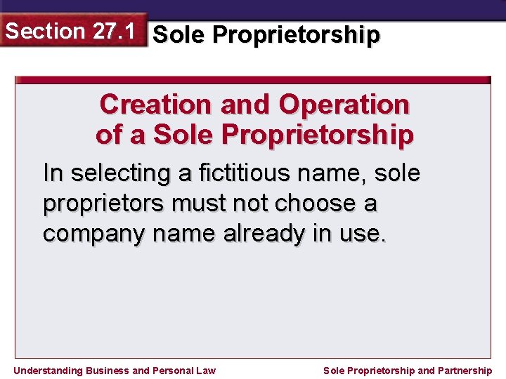 Section 27. 1 Sole Proprietorship Creation and Operation of a Sole Proprietorship In selecting