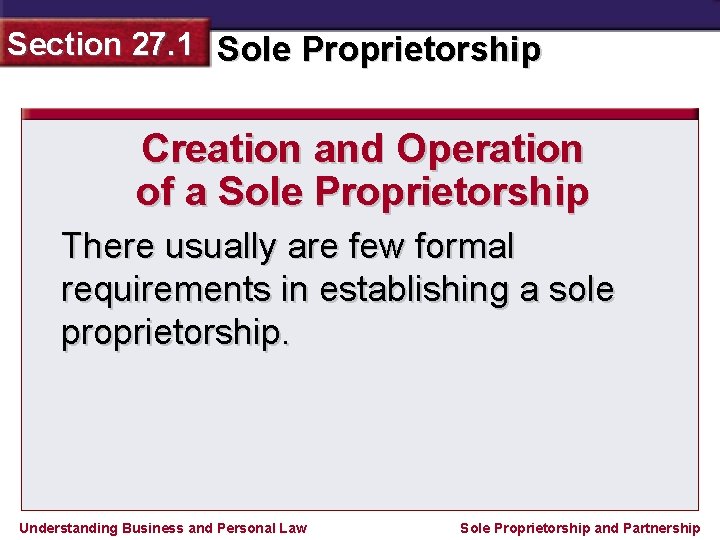 Section 27. 1 Sole Proprietorship Creation and Operation of a Sole Proprietorship There usually