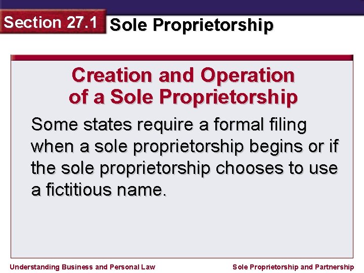 Section 27. 1 Sole Proprietorship Creation and Operation of a Sole Proprietorship Some states