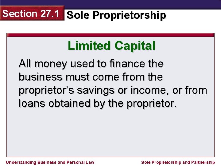 Section 27. 1 Sole Proprietorship Limited Capital All money used to finance the business