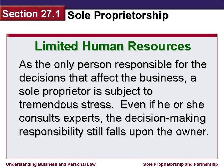 Section 27. 1 Sole Proprietorship Limited Human Resources As the only person responsible for