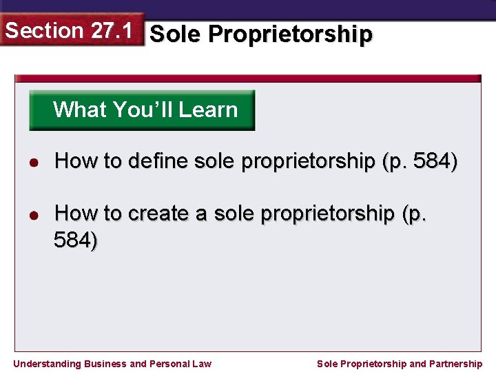 Section 27. 1 Sole Proprietorship What You’ll Learn How to define sole proprietorship (p.
