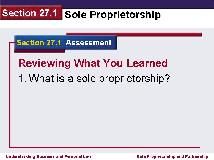 Section 27. 1 Sole Proprietorship Section 27. 1 Assessment Reviewing What You Learned 1.