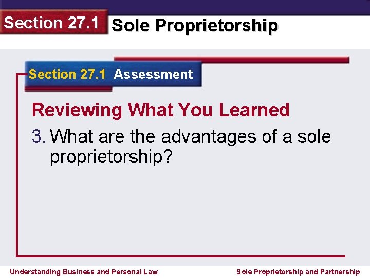 Section 27. 1 Sole Proprietorship Section 27. 1 Assessment Reviewing What You Learned 3.