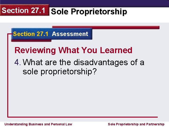 Section 27. 1 Sole Proprietorship Section 27. 1 Assessment Reviewing What You Learned 4.