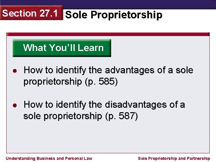 Section 27. 1 Sole Proprietorship What You’ll Learn How to identify the advantages of