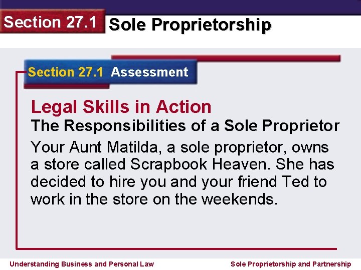 Section 27. 1 Sole Proprietorship Section 27. 1 Assessment Legal Skills in Action The