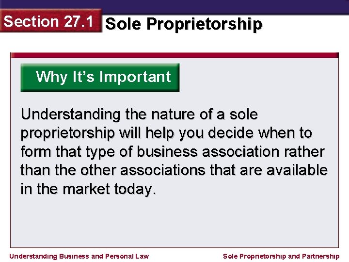 Section 27. 1 Sole Proprietorship Why It’s Important Understanding the nature of a sole