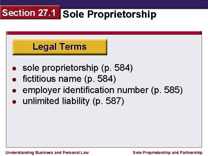 Section 27. 1 Sole Proprietorship Legal Terms sole proprietorship (p. 584) fictitious name (p.