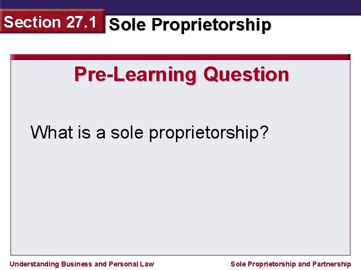 Section 27. 1 Sole Proprietorship Pre-Learning Question What is a sole proprietorship? Understanding Business