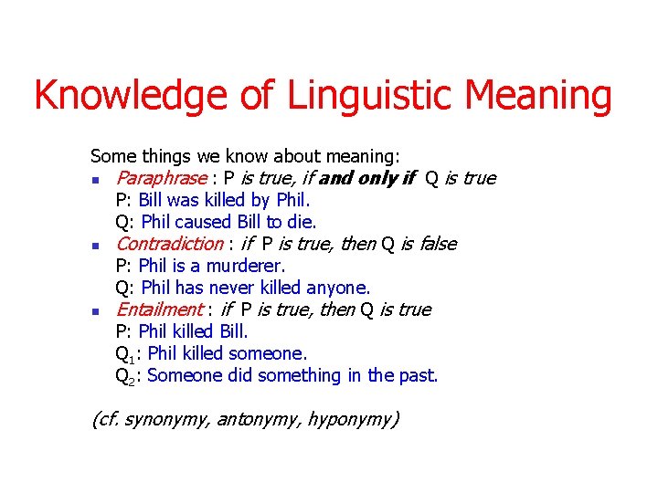Knowledge of Linguistic Meaning Some things we know about meaning: n Paraphrase : P