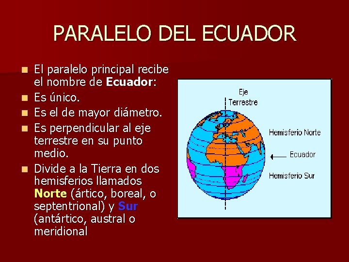 PARALELO DEL ECUADOR n n n El paralelo principal recibe el nombre de Ecuador: