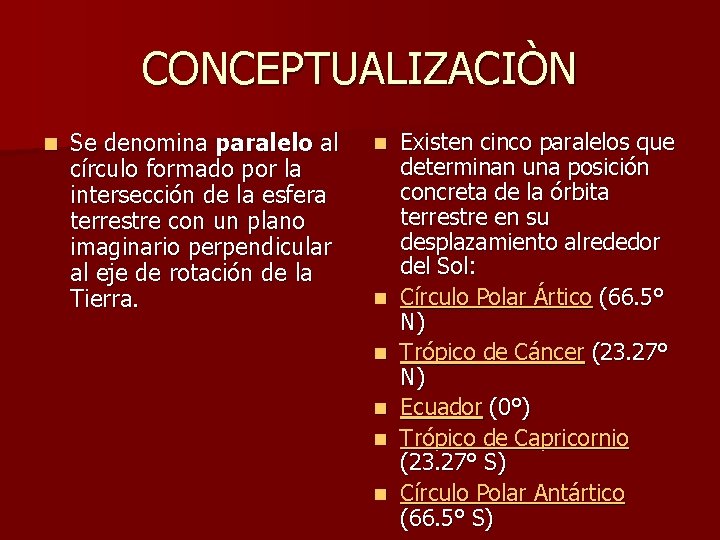 CONCEPTUALIZACIÒN n Se denomina paralelo al círculo formado por la intersección de la esfera