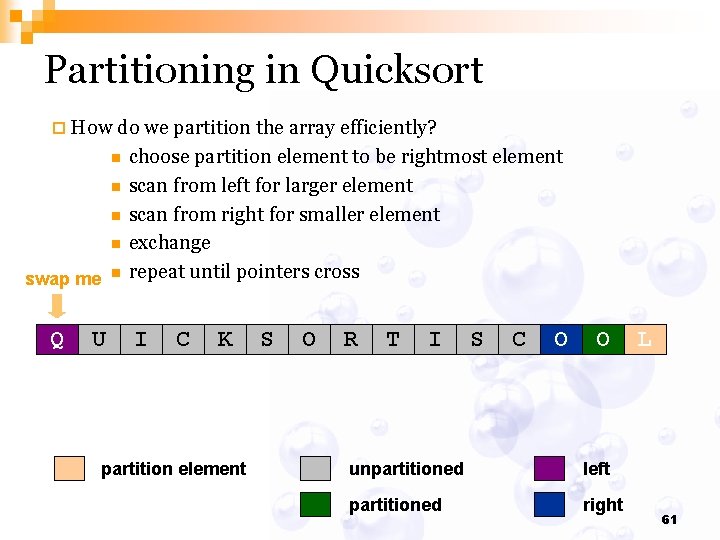 Partitioning in Quicksort ¨ How do we partition the array efficiently? n n n