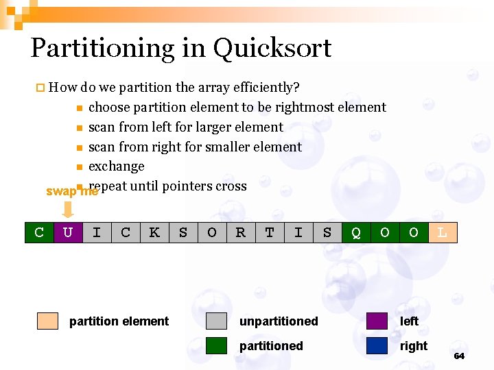 Partitioning in Quicksort ¨ How do we partition the array efficiently? choose partition element