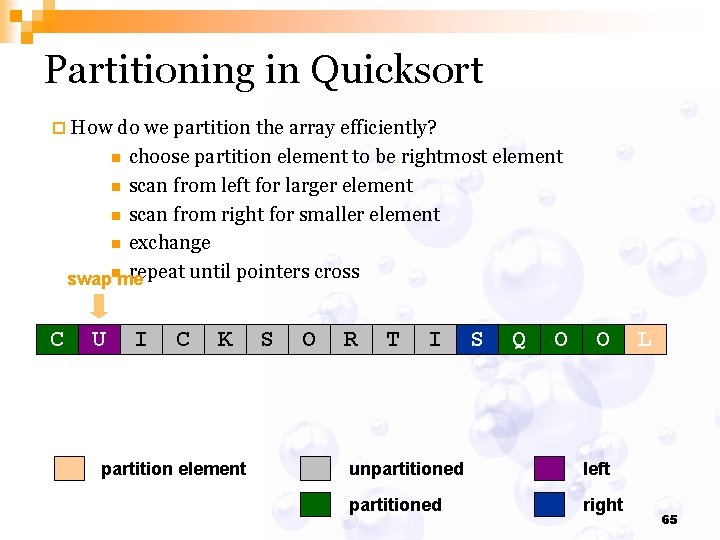 Partitioning in Quicksort ¨ How do we partition the array efficiently? choose partition element