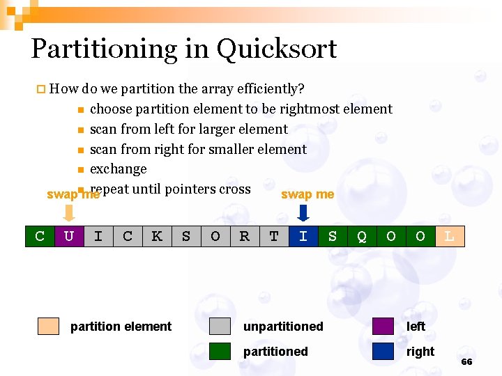 Partitioning in Quicksort ¨ How do we partition the array efficiently? choose partition element