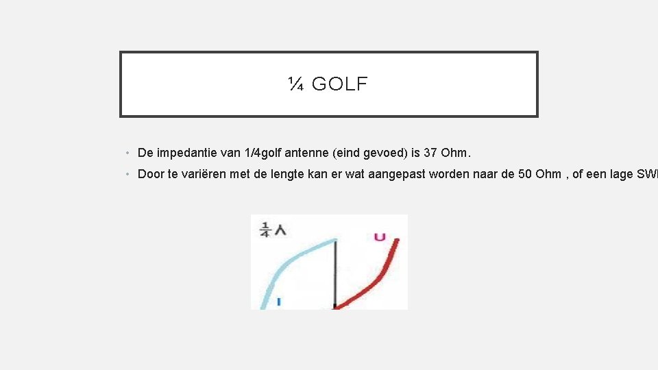 ¼ GOLF • De impedantie van 1/4 golf antenne (eind gevoed) is 37 Ohm.