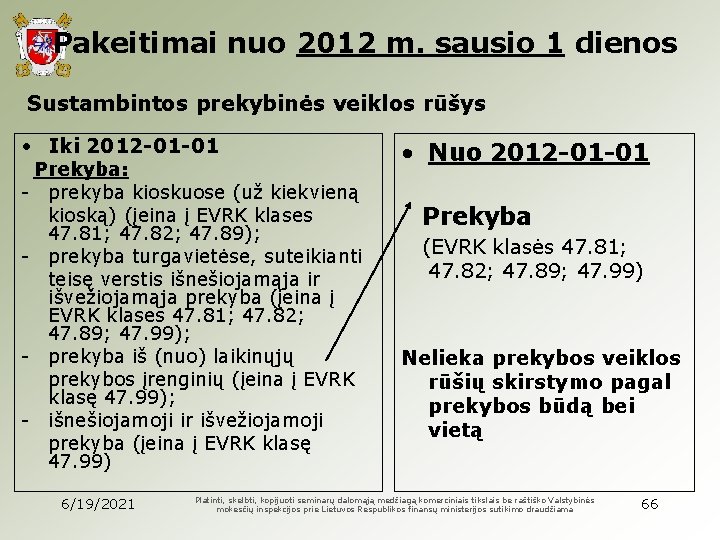 Pakeitimai nuo 2012 m. sausio 1 dienos Sustambintos prekybinės veiklos rūšys • Iki 2012