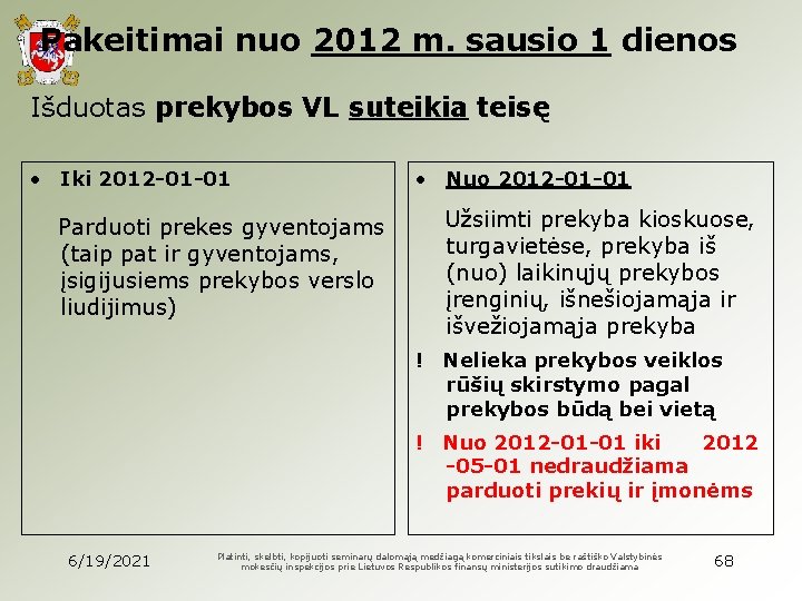 Pakeitimai nuo 2012 m. sausio 1 dienos Išduotas prekybos VL suteikia teisę • Iki