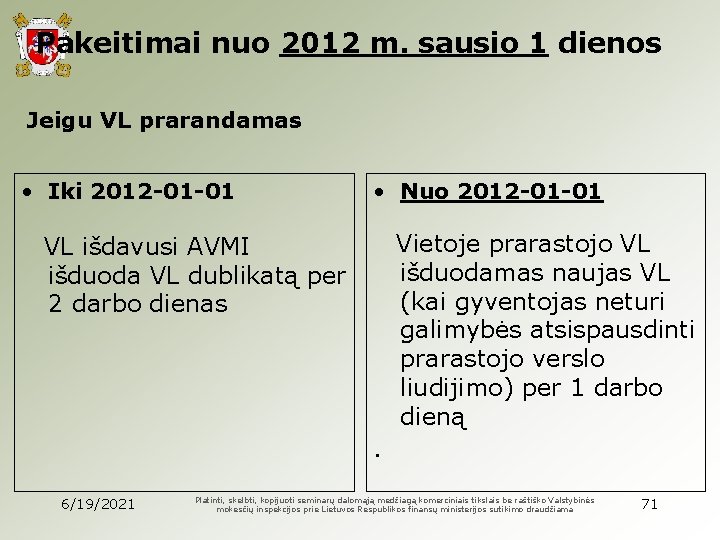 Pakeitimai nuo 2012 m. sausio 1 dienos Jeigu VL prarandamas • Iki 2012 -01