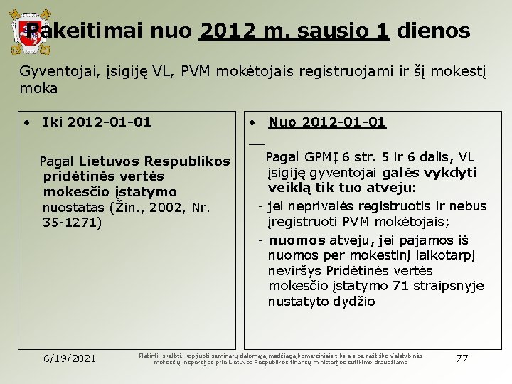 Pakeitimai nuo 2012 m. sausio 1 dienos Gyventojai, įsigiję VL, PVM mokėtojais registruojami ir