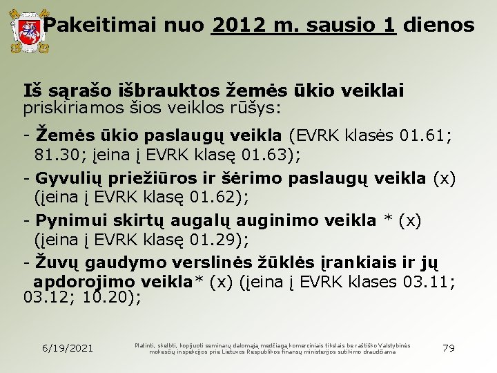 Pakeitimai nuo 2012 m. sausio 1 dienos Iš sąrašo išbrauktos žemės ūkio veiklai priskiriamos