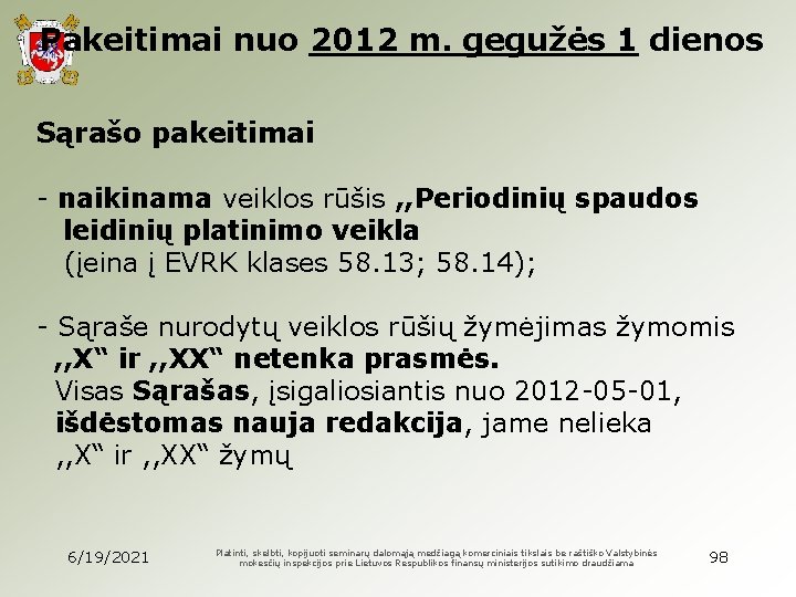 Pakeitimai nuo 2012 m. gegužės 1 dienos Sąrašo pakeitimai - naikinama veiklos rūšis ,