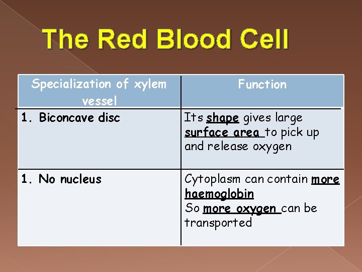 The Red Blood Cell Specialization of xylem vessel 1. Biconcave disc 1. No nucleus