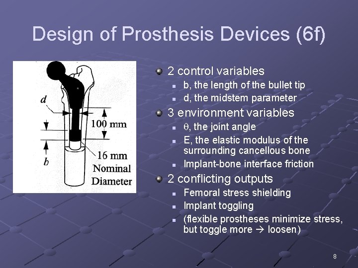 Design of Prosthesis Devices (6 f) 2 control variables n n b, the length