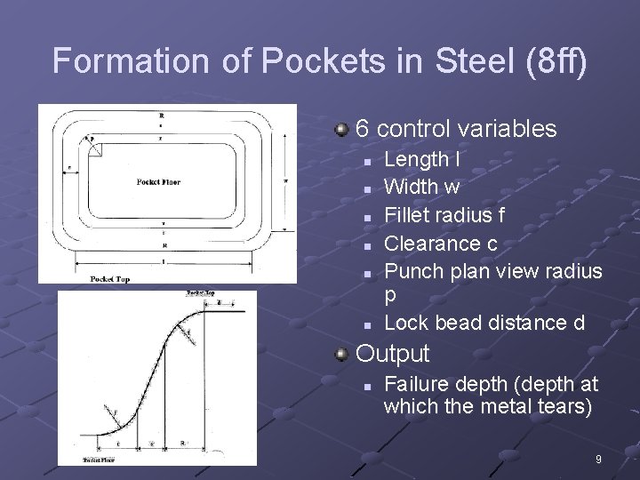 Formation of Pockets in Steel (8 ff) 6 control variables n n n Length