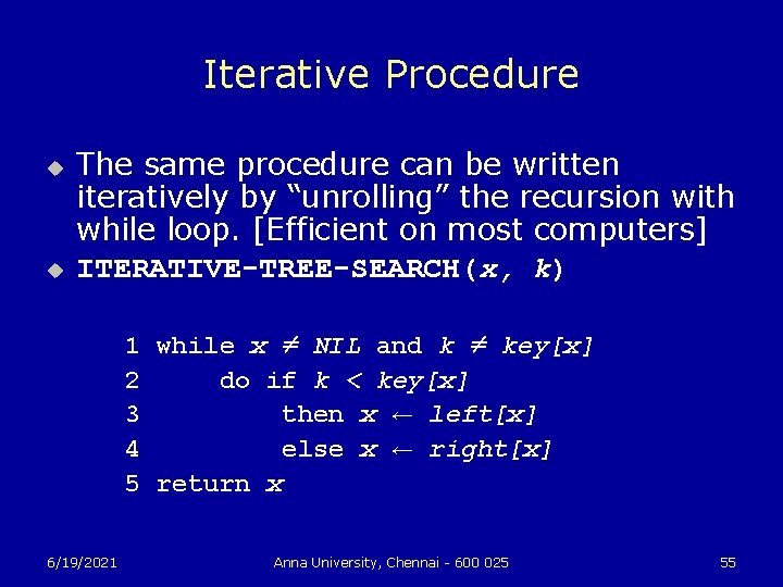 Iterative Procedure u u The same procedure can be written iteratively by “unrolling” the