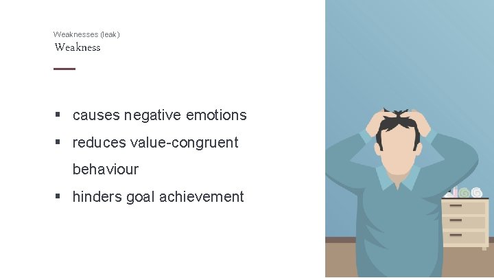 Weaknesses (leak) Weakness § causes negative emotions § reduces value-congruent behaviour § hinders goal