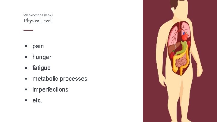 Weaknesses (leak) Physical level § pain § hunger § fatigue § metabolic processes §