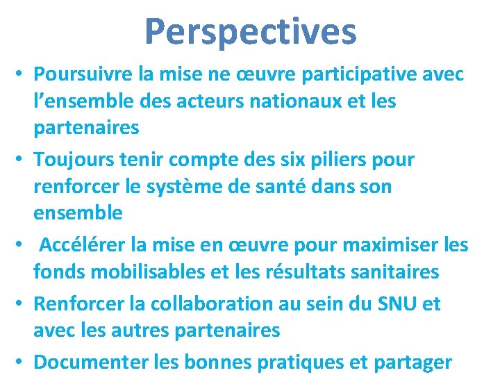Perspectives • Poursuivre la mise ne œuvre participative avec l’ensemble des acteurs nationaux et