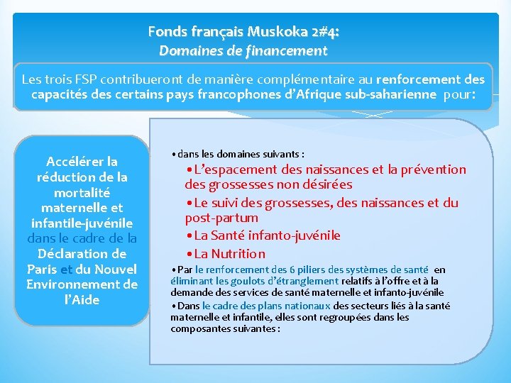 Fonds français Muskoka 2#4: Domaines de financement Les trois FSP contribueront de manière complémentaire