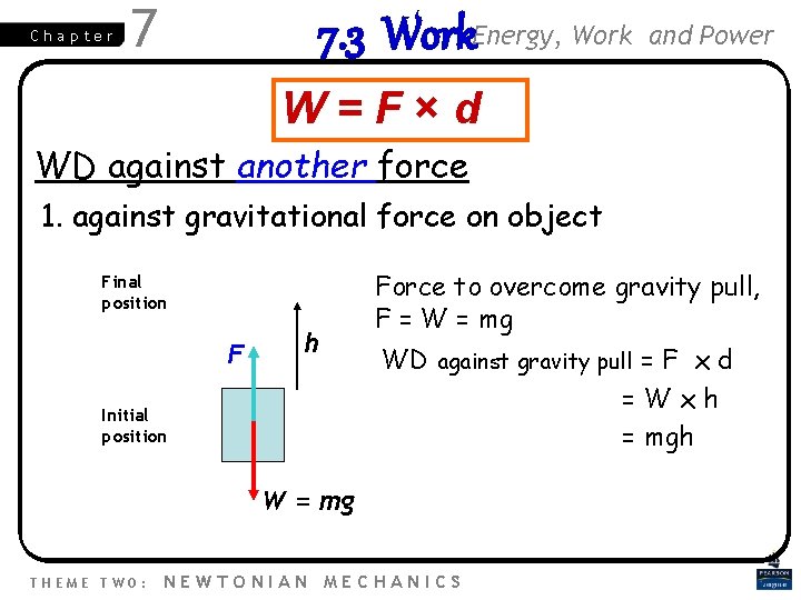 Chapter 7 7. 3 Work. Energy, Work and Power W=F×d WD against another force