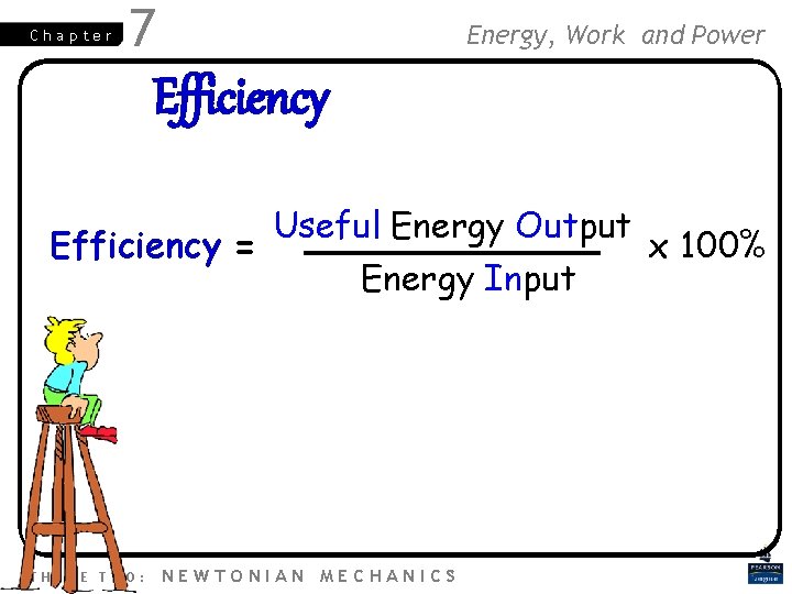 Chapter 7 Energy, Work and Power Efficiency Useful Energy Output Efficiency = x 100%