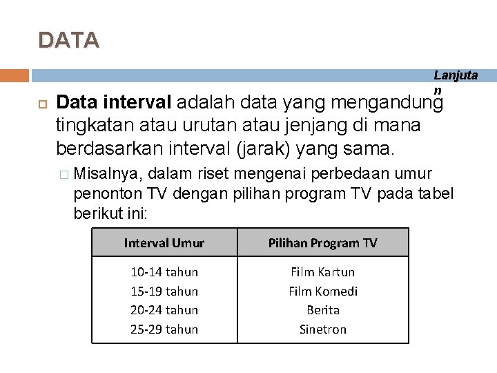 DATA Lanjuta n Data interval adalah data yang mengandung tingkatan atau urutan atau jenjang