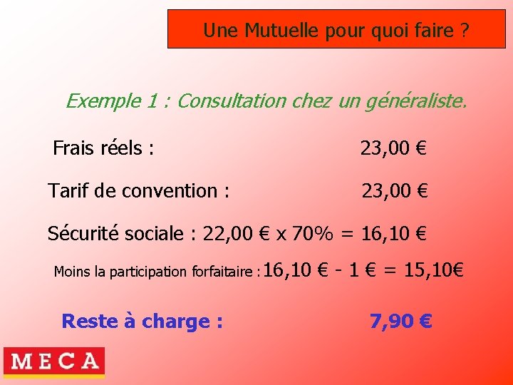 Une Mutuelle pour quoi faire ? Exemple 1 : Consultation chez un généraliste. Frais