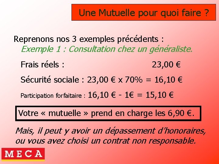 Une Mutuelle pour quoi faire ? Reprenons nos 3 exemples précédents : Exemple 1