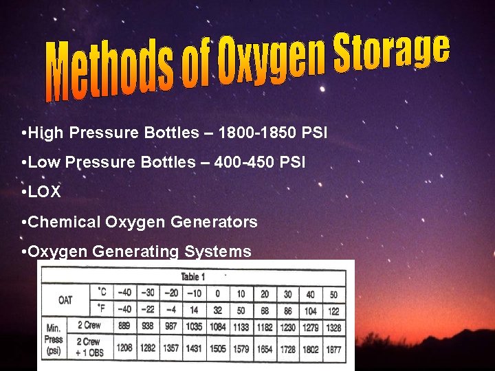  • High Pressure Bottles – 1800 -1850 PSI • Low Pressure Bottles –