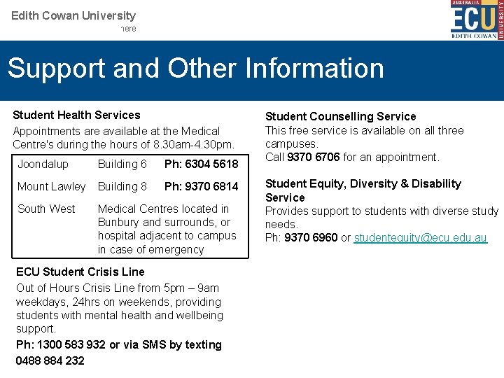Edith Cowan University Your School or Centre name here Support and Other Information Student Edith Cowan University Your School or Centre name here Support and Other Information Student