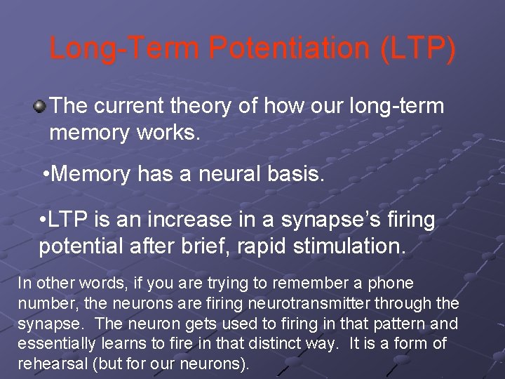 Long-Term Potentiation (LTP) The current theory of how our long-term memory works. • Memory